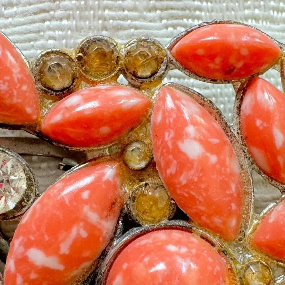 Vintage AJ Signed Rhinestone Coral Glass Dress Clip Brooch Marbled Stones